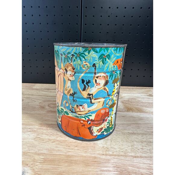 FOLGERS Vtg 1960s Coffee Can Jungle Cartoon Lion Elephant Monkey Animals NO LID - Picture 3 of 6